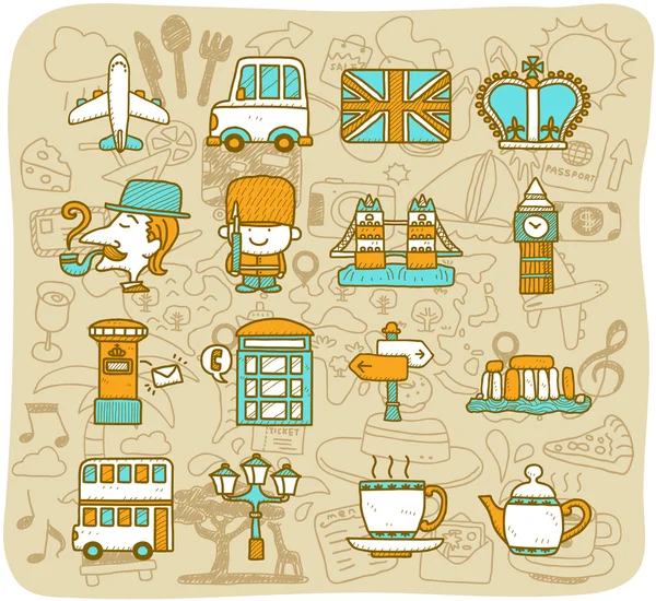 Reizen, bezienswaardigheden, uk, Verenigd Koninkrijk pictogrammenset — Stockvector
