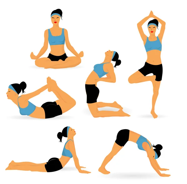 Pose yoga yang berbeda terisolasi pada warna putih - Stok Vektor
