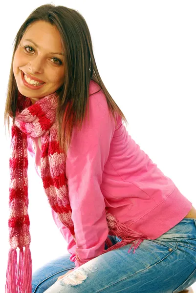 Krásná brunetka v sexy růžové kombinézy — Stock fotografie
