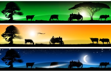 Three fantastic countryside landscapes banners clipart