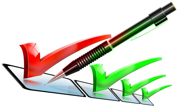 Контрольный список карандашей зеленый и красный — стоковое фото