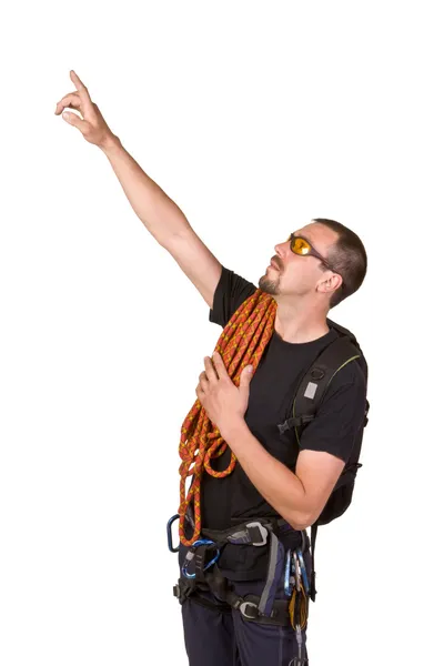 Rock-alpinista em óculos de sol mão para cima — Fotografia de Stock