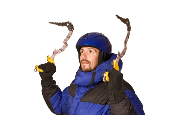 Climber man with chisel in hands up Telifsiz Stok Fotoğraflar