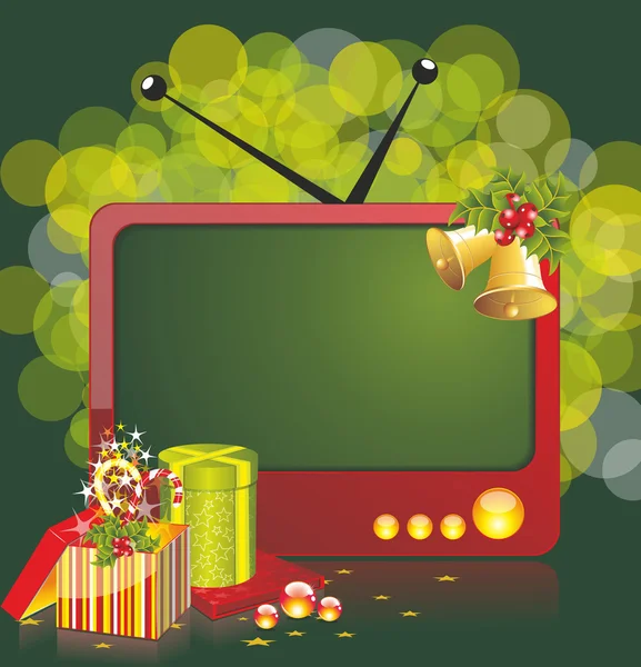 Illustrazione natalizia con TV e regali — Vettoriale Stock
