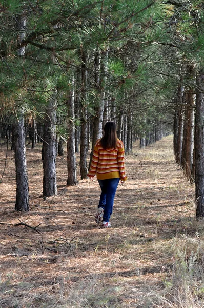 Dziewczyna spacerująca w lesie — Zdjęcie stockowe