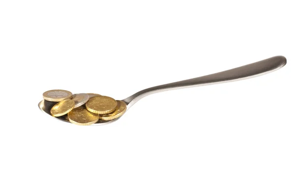 European coins are in an iron spoon — Stock Photo, Image