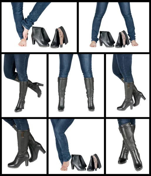 Koláž ženské nohy v botách — Stock fotografie