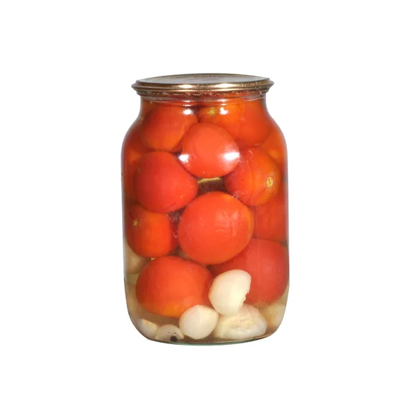 Pomidory w puszkach w bootle szkła — Zdjęcie stockowe