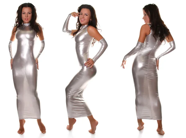 Absolutely Perfect Silver Long Spandex Evening Dress — Stock Photo, Image