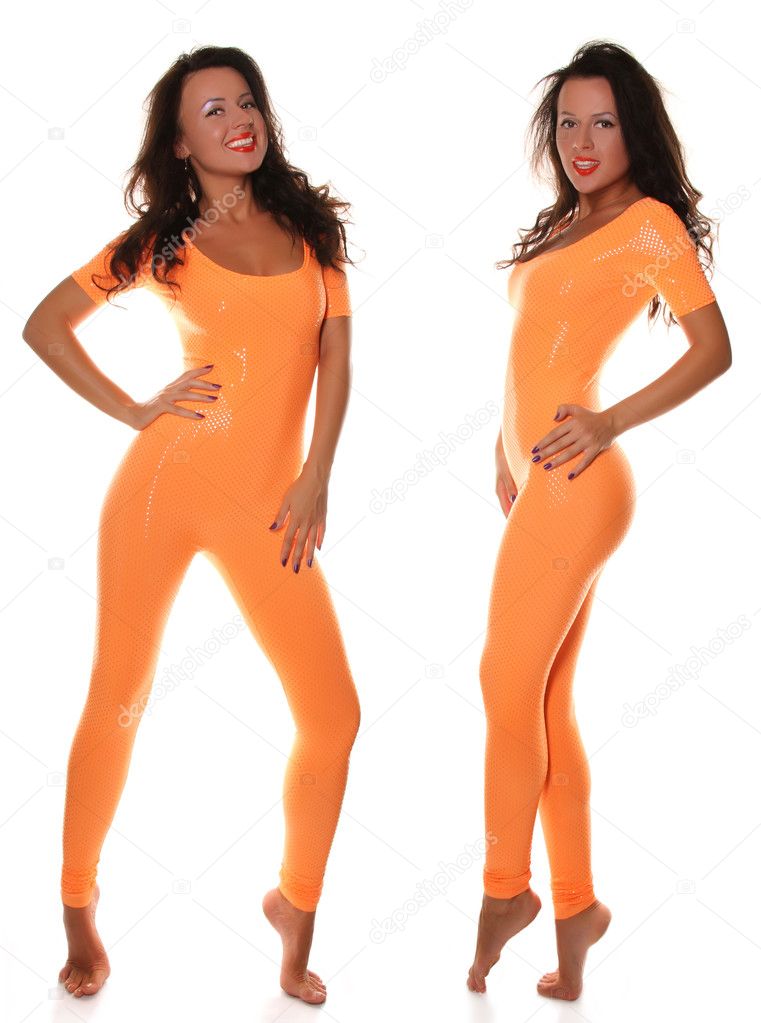 Sexy Sporty Girl in Orange Fitness Suit