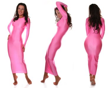 Sexy Beautiful Barefoot Girl in Pretty Pink Spandex Long Dress clipart