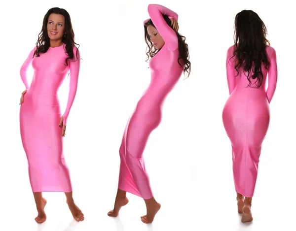 Sexy Beautiful Barefoot Girl in Pretty Pink Spandex Long Dress — Stock Photo, Image
