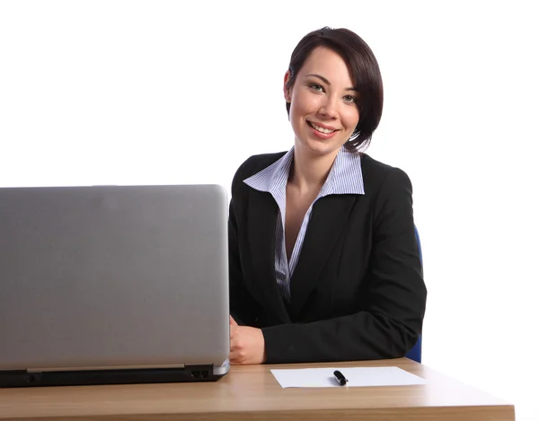 Beautiful happy young business woman in office — Stock Photo, Image