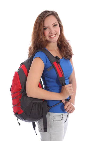 Adolescente menina da escola com mochila e sorriso feliz — Fotografia de Stock