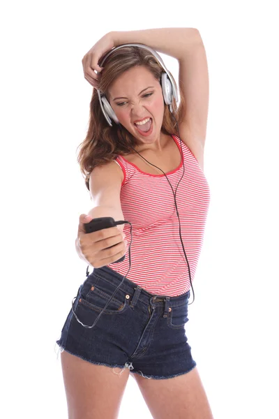 Música divertida para chica adolescente cantando con auriculares —  Fotos de Stock