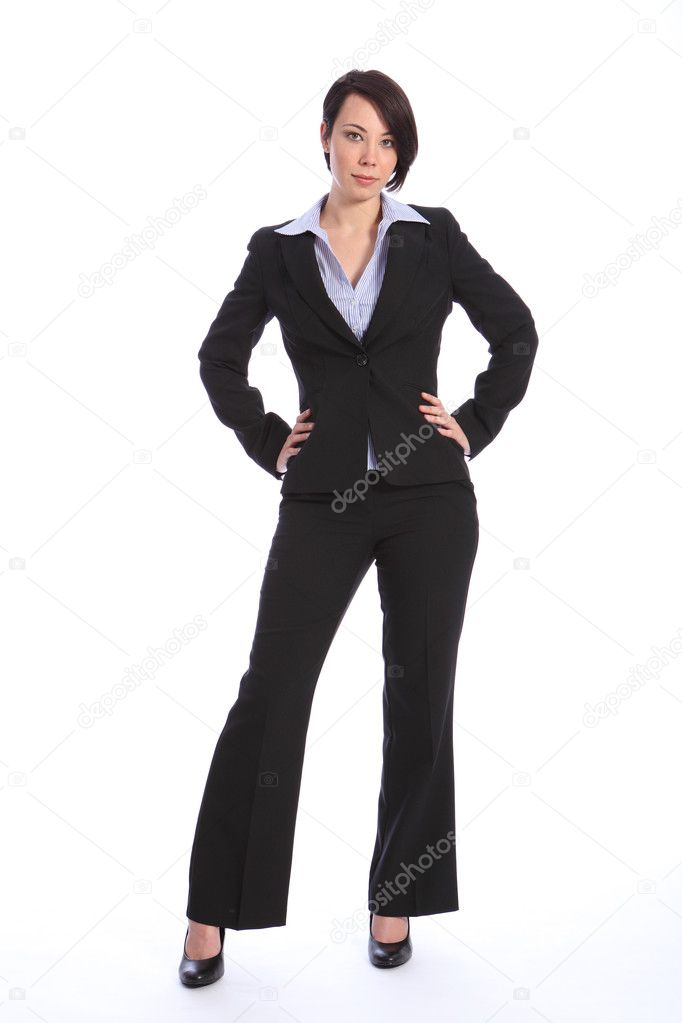 Beautiful curvy young business woman in black suit