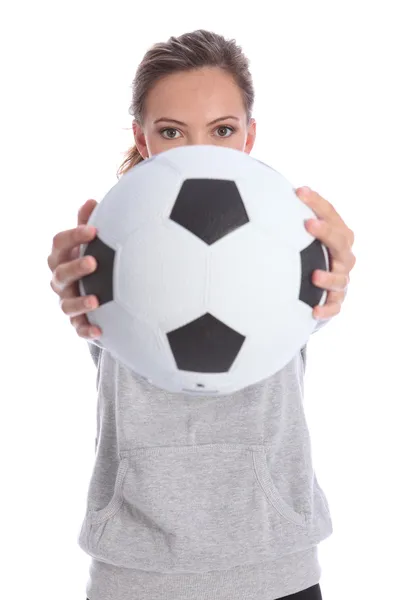 Young soccer player teenage girl with sports ball — Stock Photo, Image