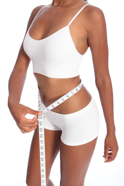 Passen romp van zwarte vrouw controleren dieet weight loss — Stockfoto
