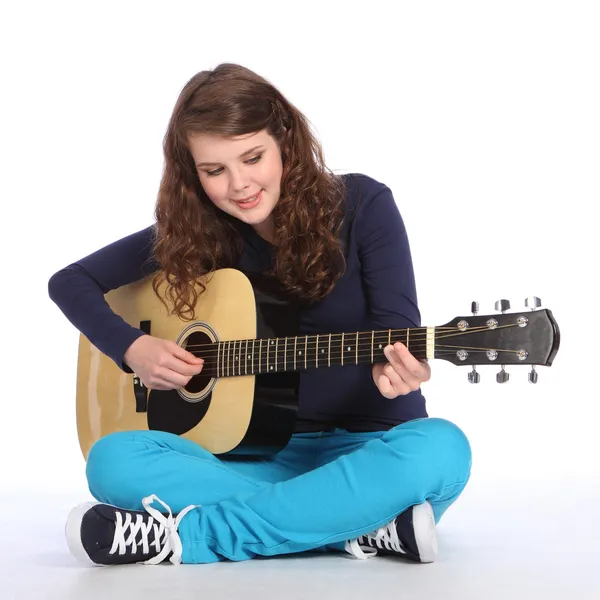 stock image Pretty teenager girl music on acoustic guitar