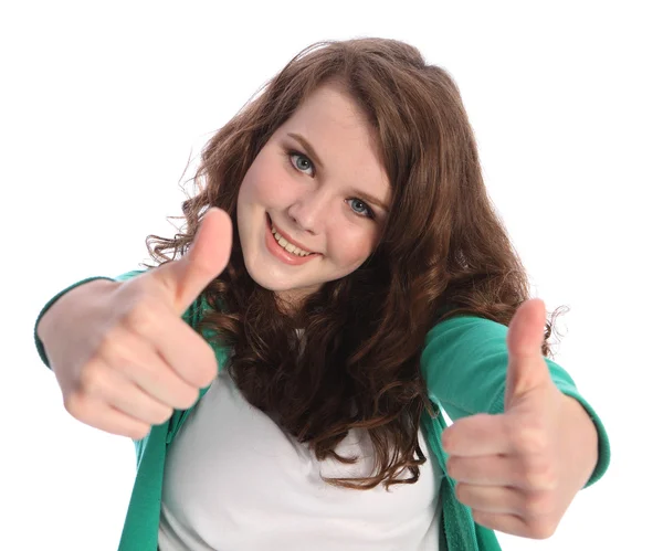 Two thumbs up dla sukcesu przez uśmiechnięta dziewczynka nastolatek — Zdjęcie stockowe