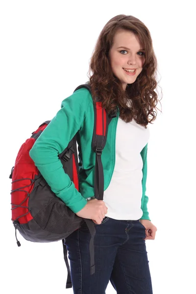 Menina da escola adolescente feliz com mochila vermelha — Fotografia de Stock