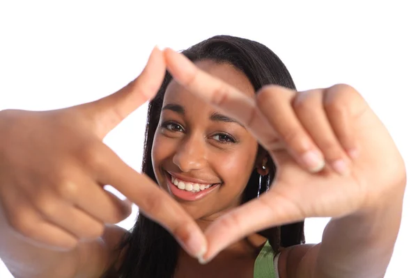 Beautiful black teenage girl fun hand frame sign — Stock Photo, Image