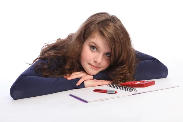 Triest tiener meisje gevoed omhoog met wiskunde huiswerk — Stockfoto