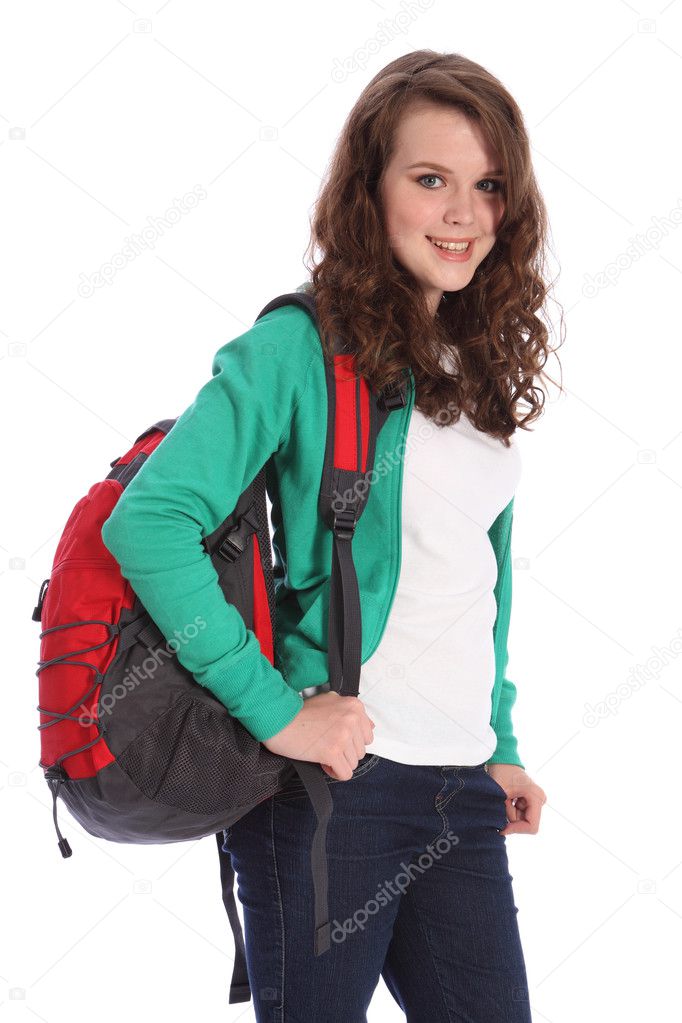 Happy teenage school girl with red backpack