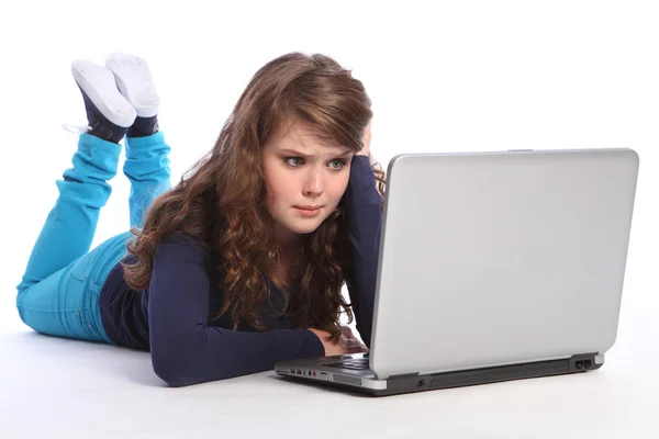 Confused teenager girl in danger on internet — Stock Photo, Image