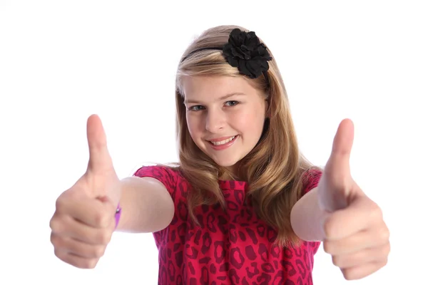积极手标志由金发学校的女孩竖起大拇指 — 图库照片