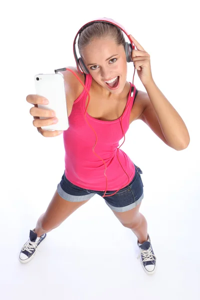 Dancing fun for sexy teenage girl music on phone — Stock Photo, Image