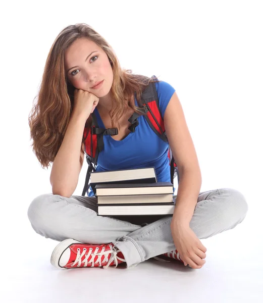 Sad teenage student girl with school study books — Stock Photo, Image