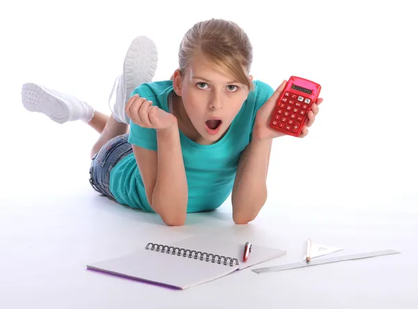 School meisje wiskunde huiswerk onderwijs verrassing — Stockfoto