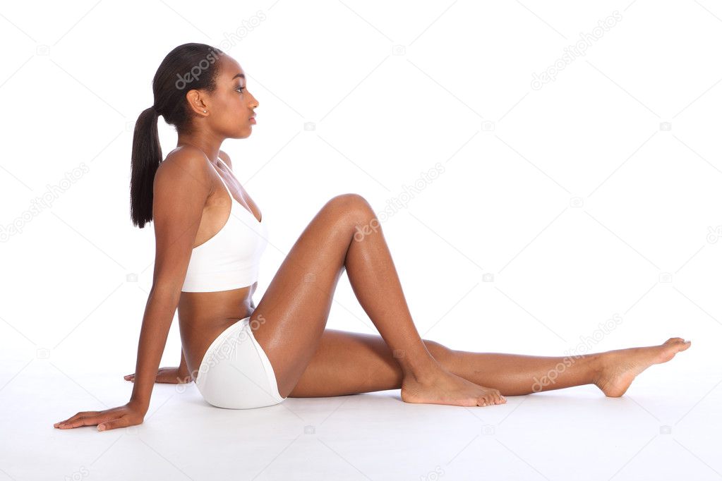 Young African American woman fit body in underwear