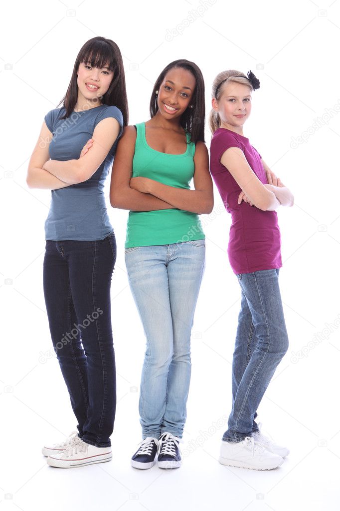 Three teenage girl friends black white and asian