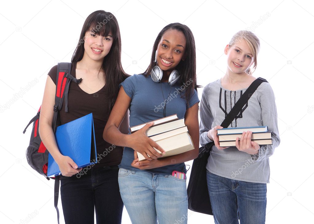 Three teenage ethnic student girls in education