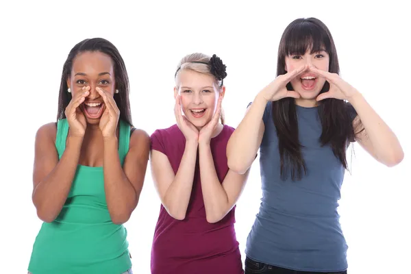 Tre ragazze adolescenti di razza mista urlando ad alta voce — Foto Stock