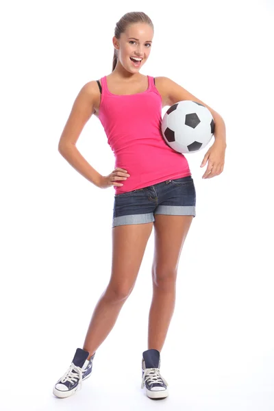 Beautiful soccer player teenage girl with ball — Stock Photo, Image