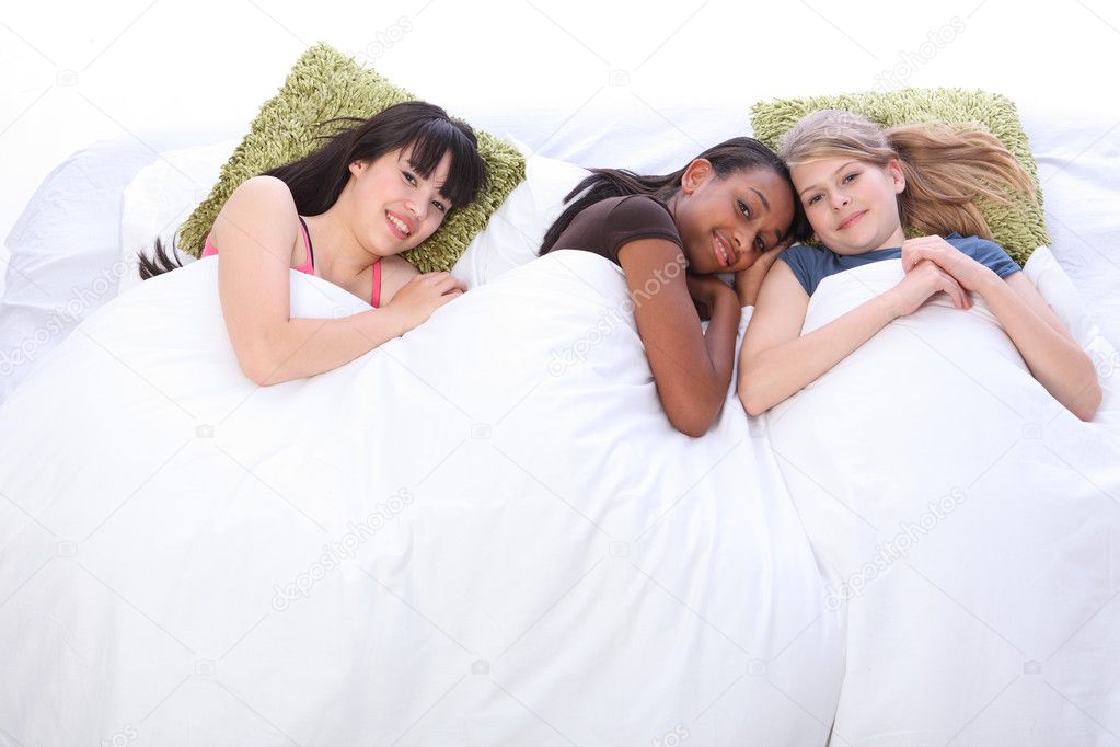 Lesbian girlfriends are having sleepover party