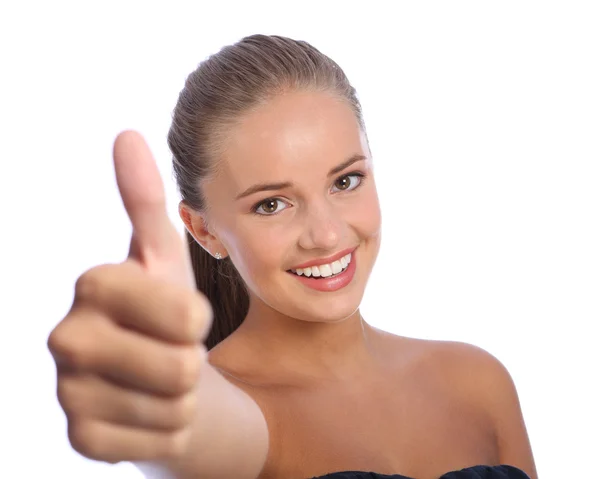 Positive thumbs up success for happy young girl — Stock Photo, Image