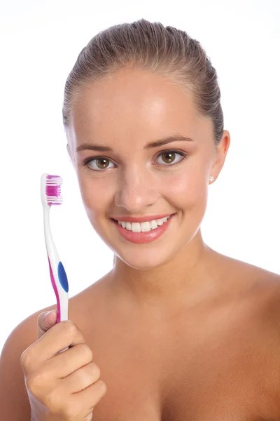Spazzolino cura dentale per giovane donna grande sorriso — Foto Stock