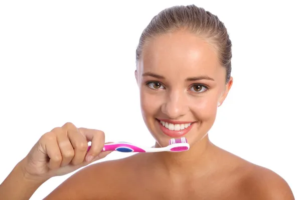 Limpieza de dientes con cepillo de dientes para niña feliz —  Fotos de Stock