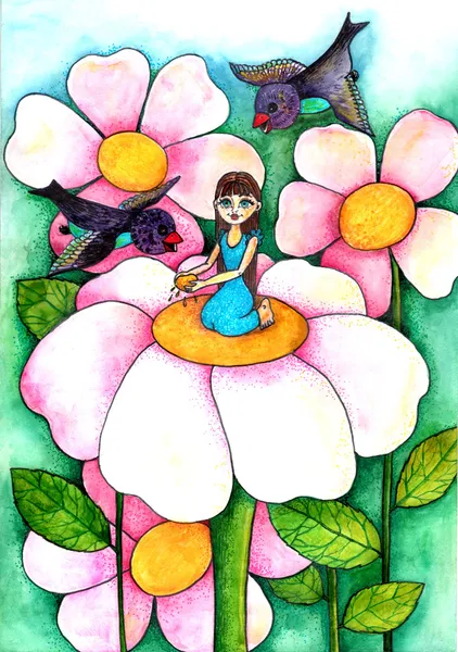 Thumbelina na květ. ilustrace k Andersena pohádky. — Stock fotografie