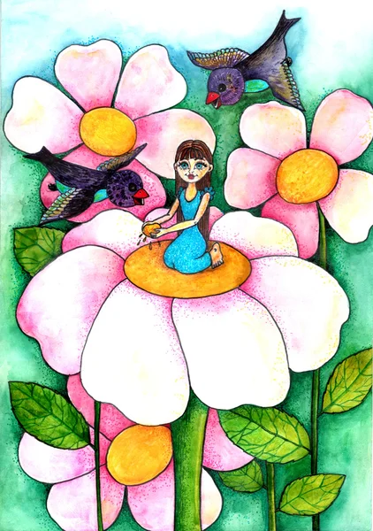 Thumbelina em uma flor. Uma ilustração do conto de fadas de Andersen . Fotografia De Stock