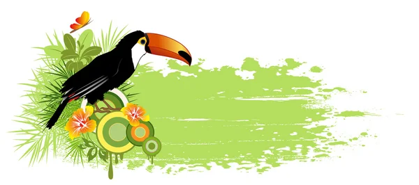 Banner de verano con aves tropicales y palmeras — Vector de stock