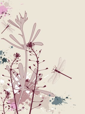 Grunge background with flowers and dragonfly clipart