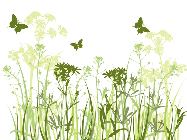 Fondo verde con hierba y mariposas — Vector de stock