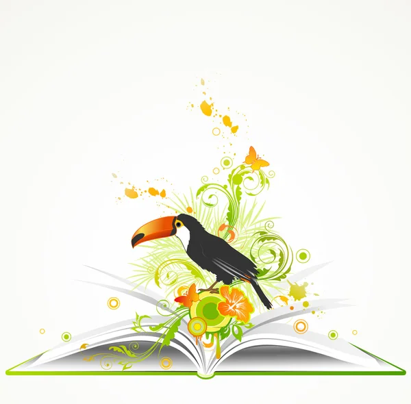 Open book with flowers and tropical bird — Stock Vector