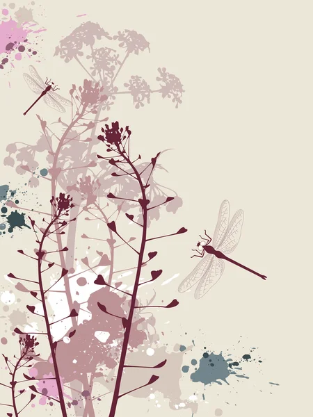 トンボと花グランジ背景 — ストックベクタ