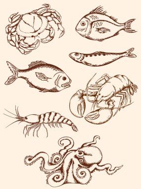 Hand drawn seafood icons clipart